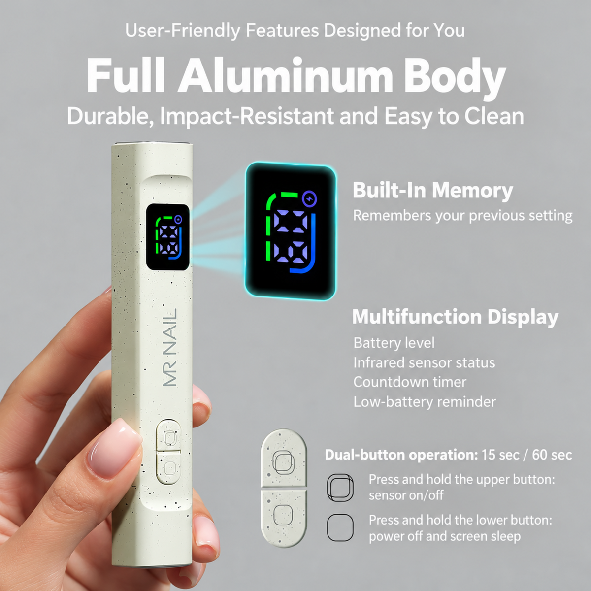MR Nail multifunction nail lamp with aluminum body, memory function, digital display and 15- or 60-second timer controls.