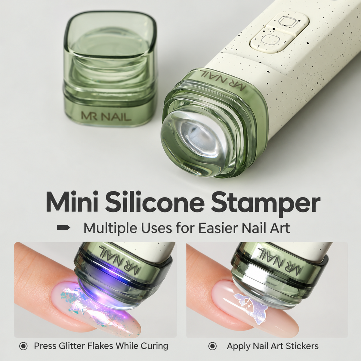 MR Nail mini silicone stamper for pressing glitter flakes during curing and applying nail art stickers.