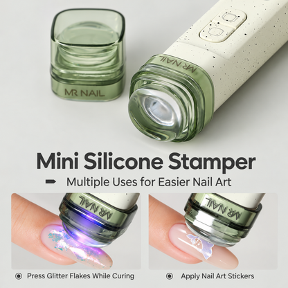 MR Nail mini silicone stamper for pressing glitter flakes during curing and applying nail art stickers.