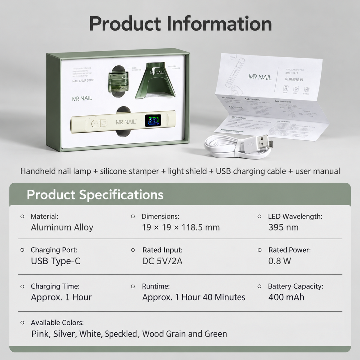 MR Nail multifunction nail lamp set with light shield, silicone stamper, USB-C cable and detailed product specifications.