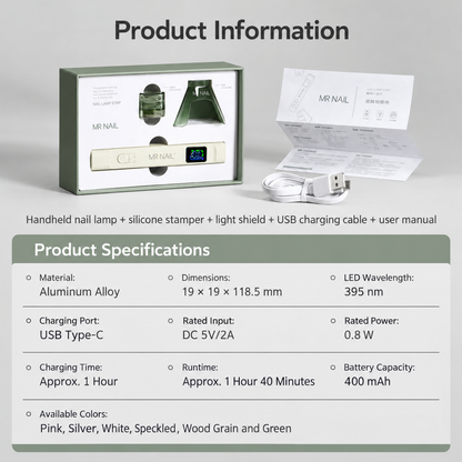 MR Nail multifunction nail lamp set with light shield, silicone stamper, USB-C cable and detailed product specifications.