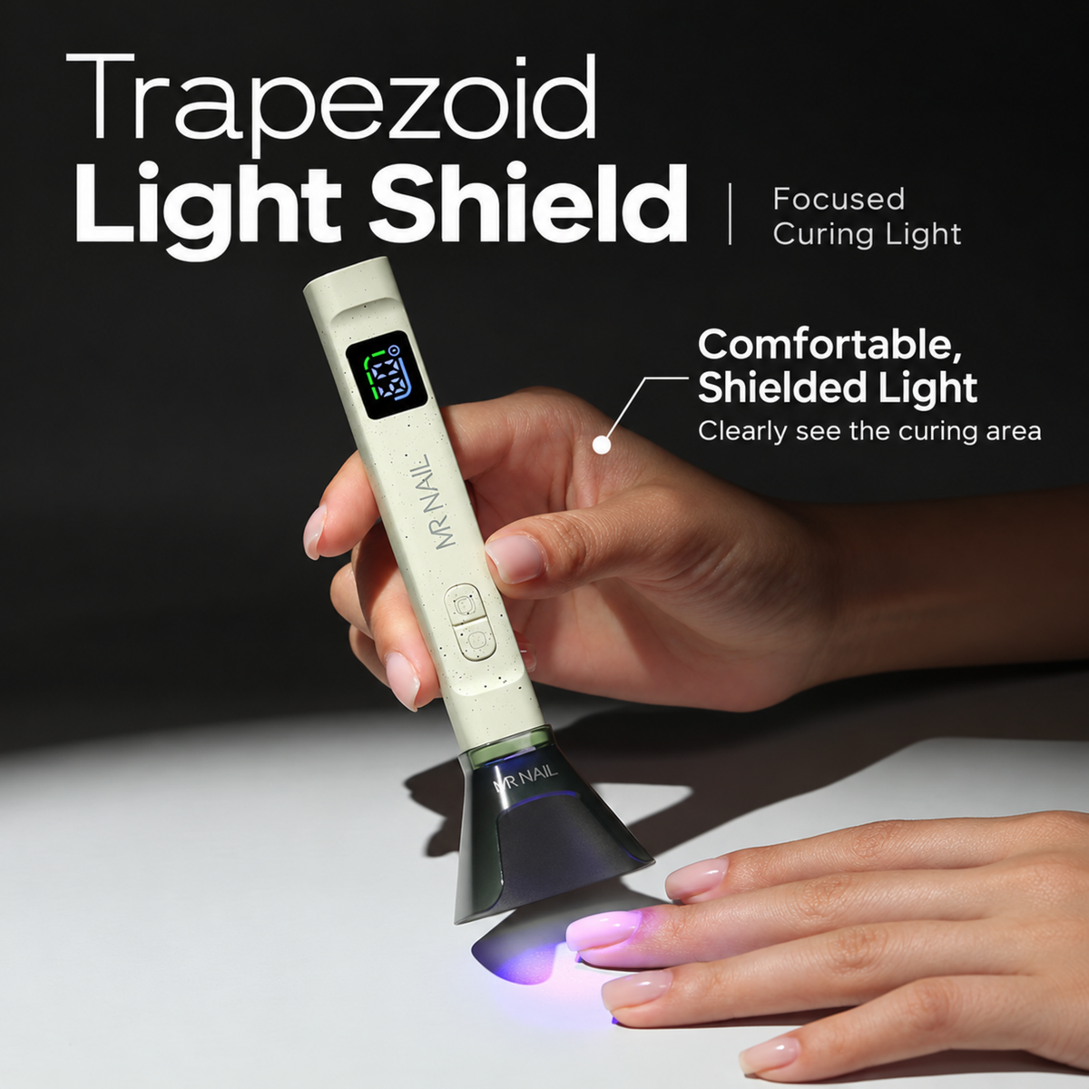 MR Nail handheld nail lamp with trapezoid light shield for focused and comfortable gel curing.