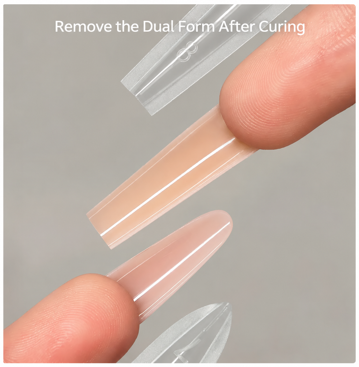 MR NAIL Sandwich Dual Nail Forms showing removal of the top mold after curing