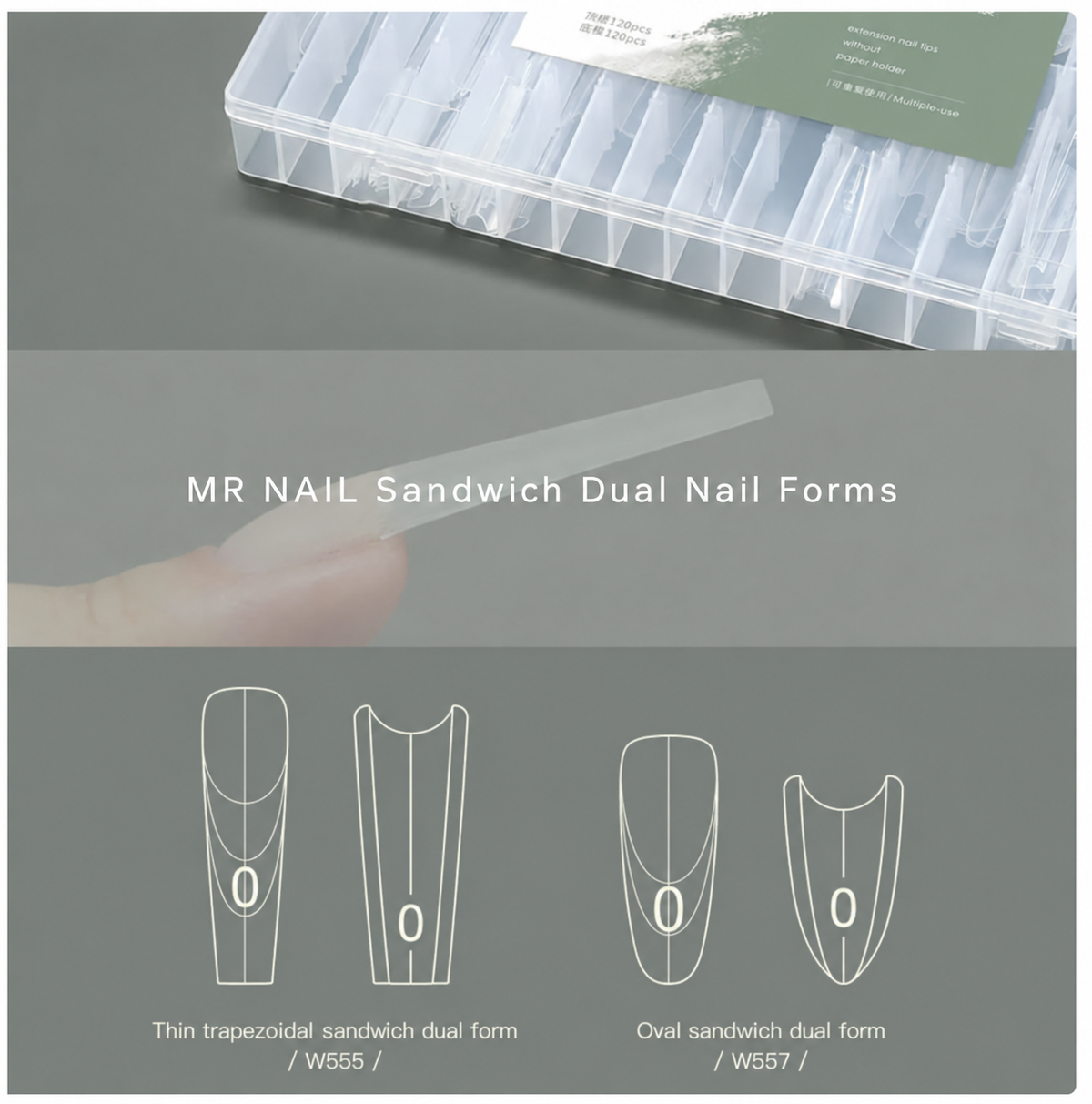 MR NAIL Sandwich Dual Nail Forms overview with thin trapezoid W555 and oval W557 shapes