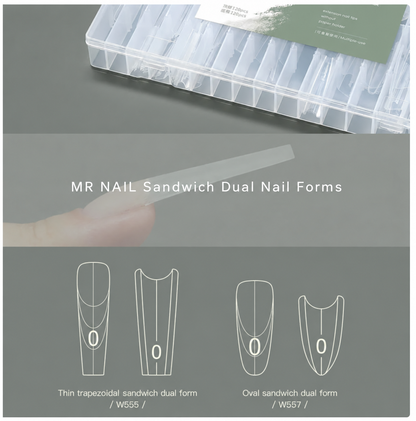MR NAIL Sandwich Dual Nail Forms overview with thin trapezoid W555 and oval W557 shapes