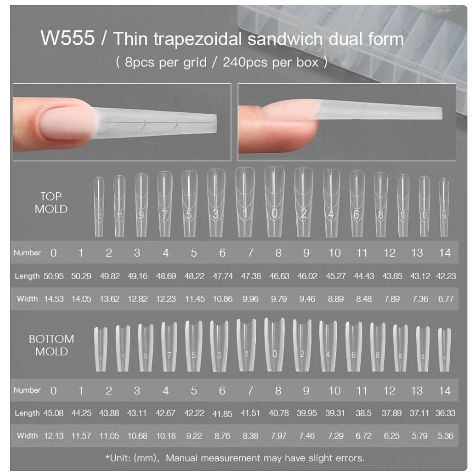 MR NAIL W555 Thin Trapezoid sandwich dual nail forms size chart