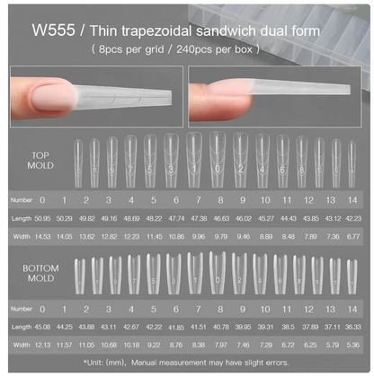 MR NAIL W555 Thin Trapezoid sandwich dual nail forms size chart