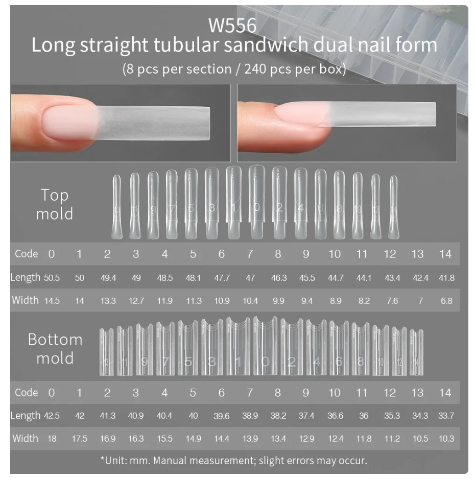 MR NAIL W556 Long Straight Tubular sandwich dual nail forms size chart
