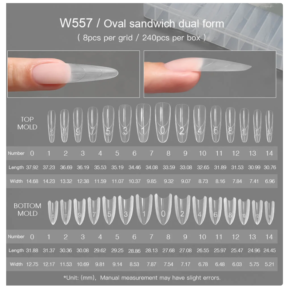 MR NAIL W557 Oval sandwich dual nail forms size chart