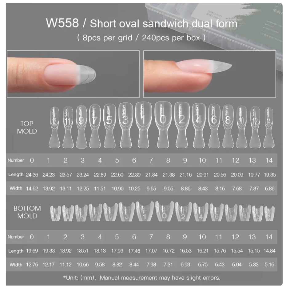 MR NAIL W558 Short Oval sandwich dual nail forms size chart