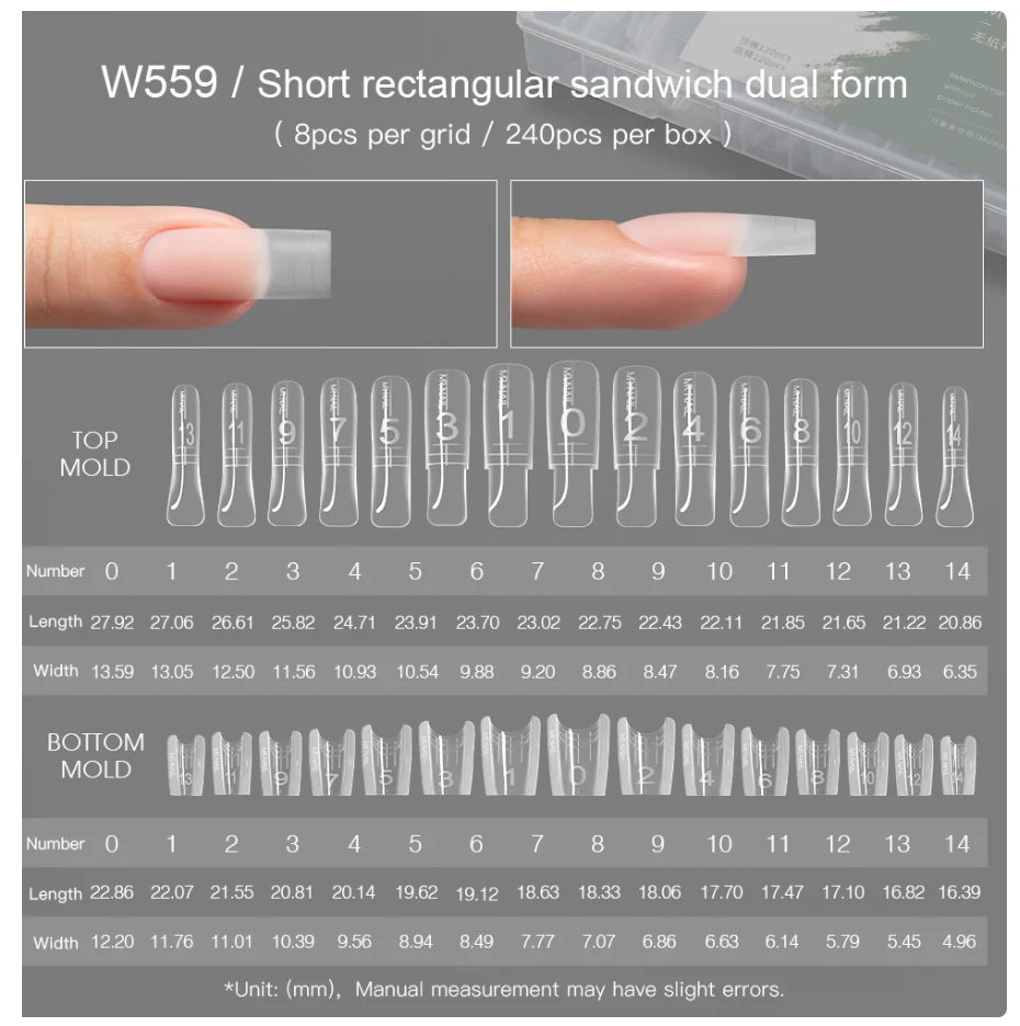 MR NAIL W559 Short Square sandwich dual nail forms size chart