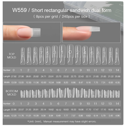 MR NAIL W559 Short Square sandwich dual nail forms size chart
