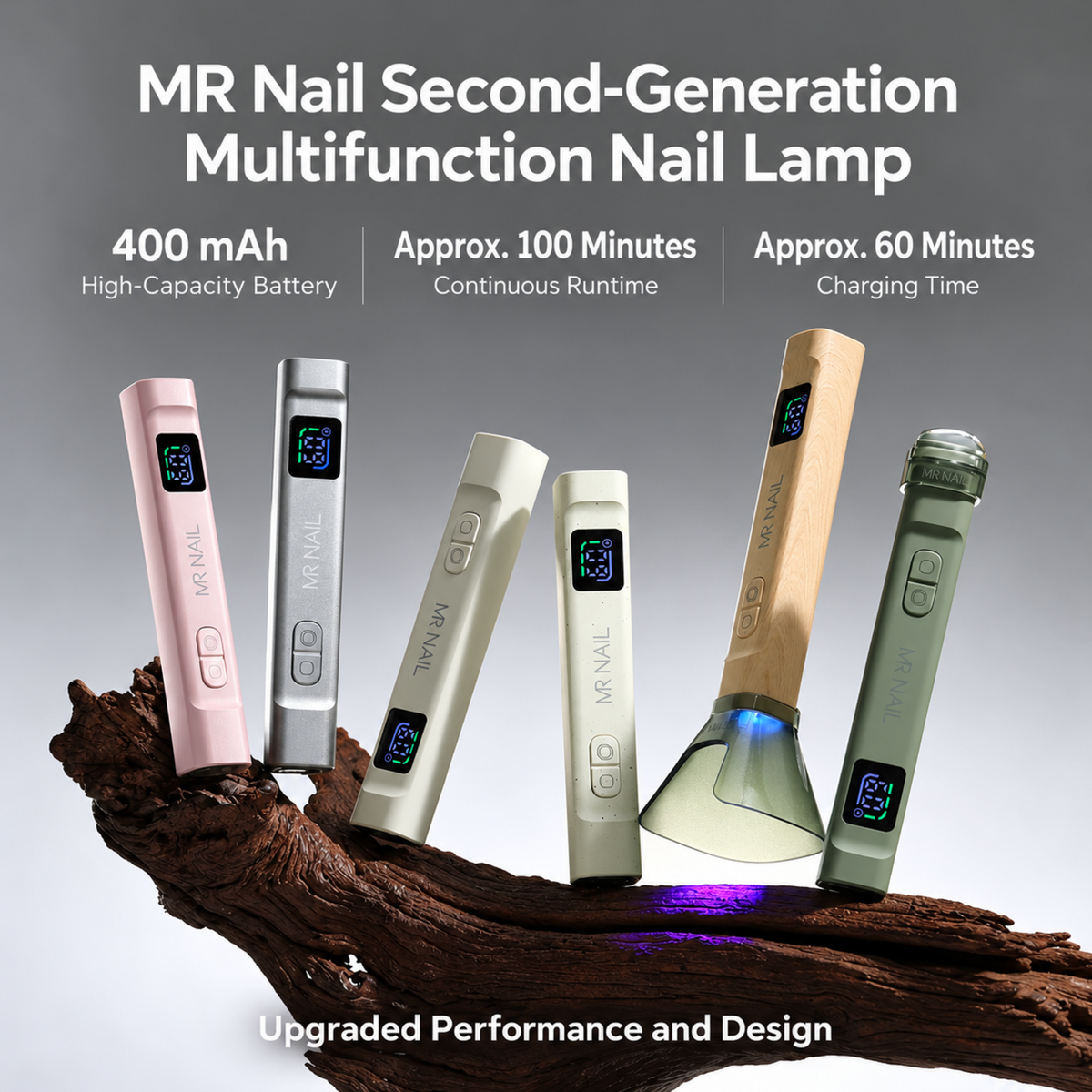 MR Nail second-generation multifunction handheld nail lamps with 400 mAh battery, 100-minute runtime and multiple colors.