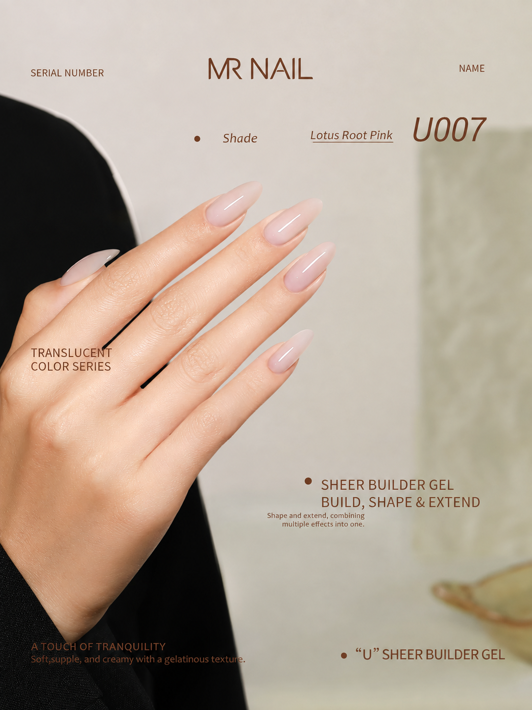 MR.NAIL U007 Lotus Root Pink sheer builder gel polish swatch