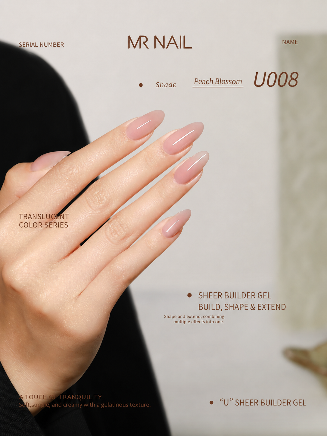 MR.NAIL U008 Peach Blossom sheer builder gel polish swatch
