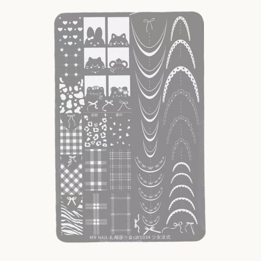 MR NAIL W1034 French Girl Style nail stamping plate with lace curves, bows, gingham and cute character patterns.