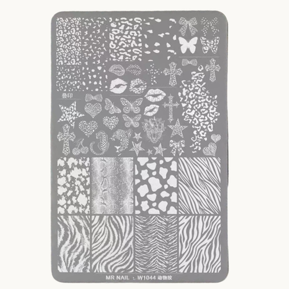 MR NAIL W1044 animal print nail stamping plate featuring leopard, zebra, cow and snake patterns
