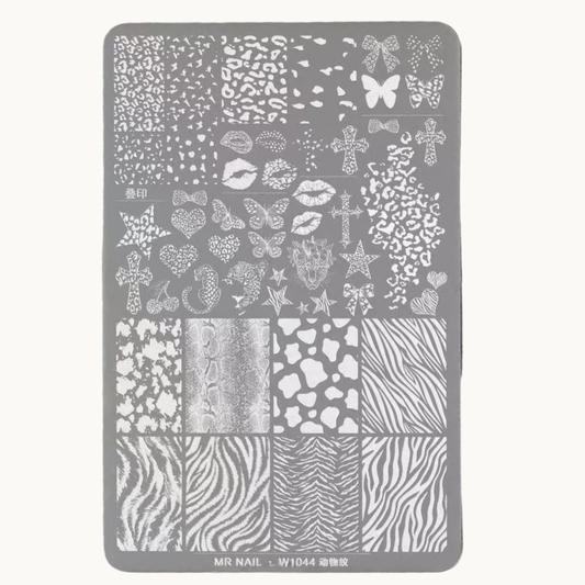 MR NAIL W1044 animal print nail stamping plate featuring leopard, zebra, cow and snake patterns