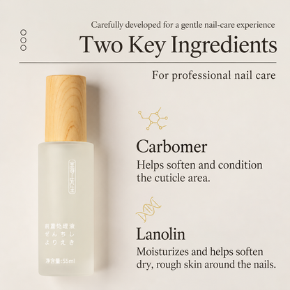 MR NAIL W123 55 mL cuticle softening gel bottle beside Carbomer and Lanolin callouts.