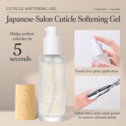 MR NAIL W123 55 mL cuticle softening gel spray with wood-look cap and cuticle pusher application diagram.