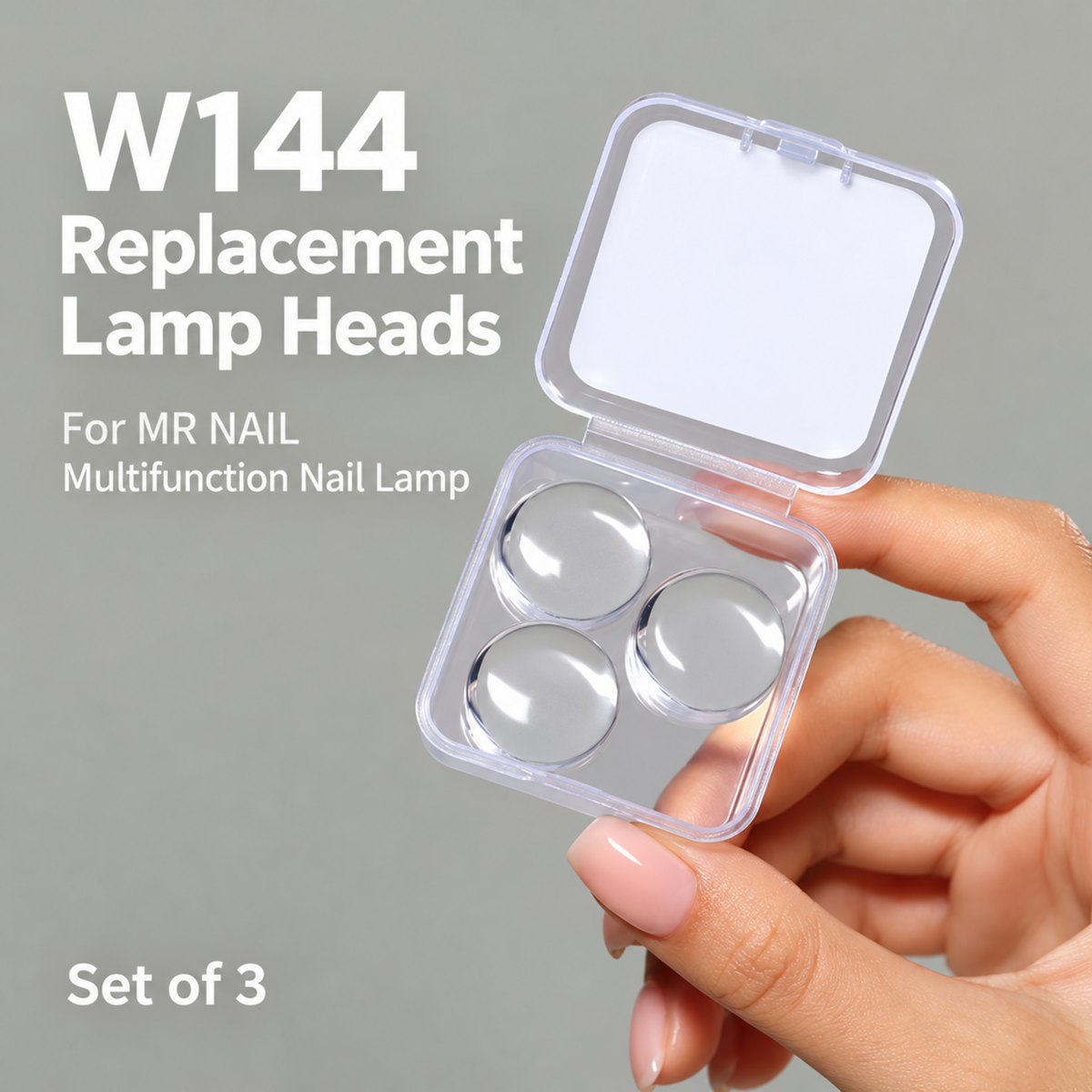 MR Nail W144 replacement lamp heads in a set of three with storage case for the multifunction nail lamp.
