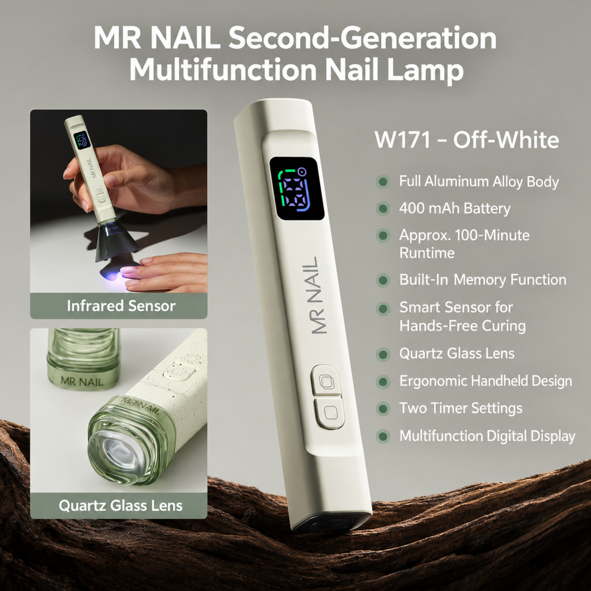 MR Nail W171 Off-White multifunction handheld nail lamp with infrared sensor, timer settings and quartz glass lens.