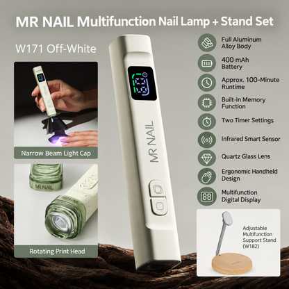 MR Nail W171 Off-White multifunction nail lamp and W182 support stand set for hands-free gel curing.