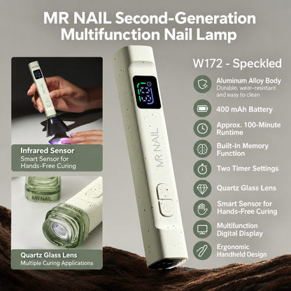 MR Nail W172 Speckled multifunction handheld nail lamp with aluminum alloy body, smart sensor and digital display.