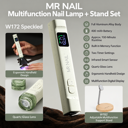 MR Nail W172 Speckled multifunction nail lamp with smart sensor and W182 adjustable support stand.