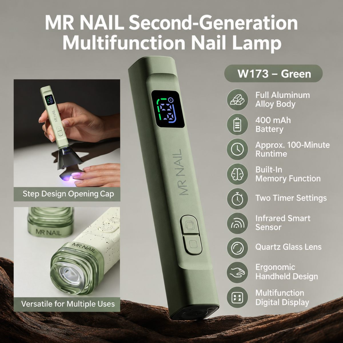 MR Nail W173 Green multifunction handheld nail lamp with 400 mAh battery and hands-free smart sensor for gel curing.