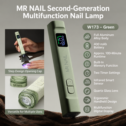 MR Nail W173 Green multifunction handheld nail lamp with 400 mAh battery and hands-free smart sensor for gel curing.