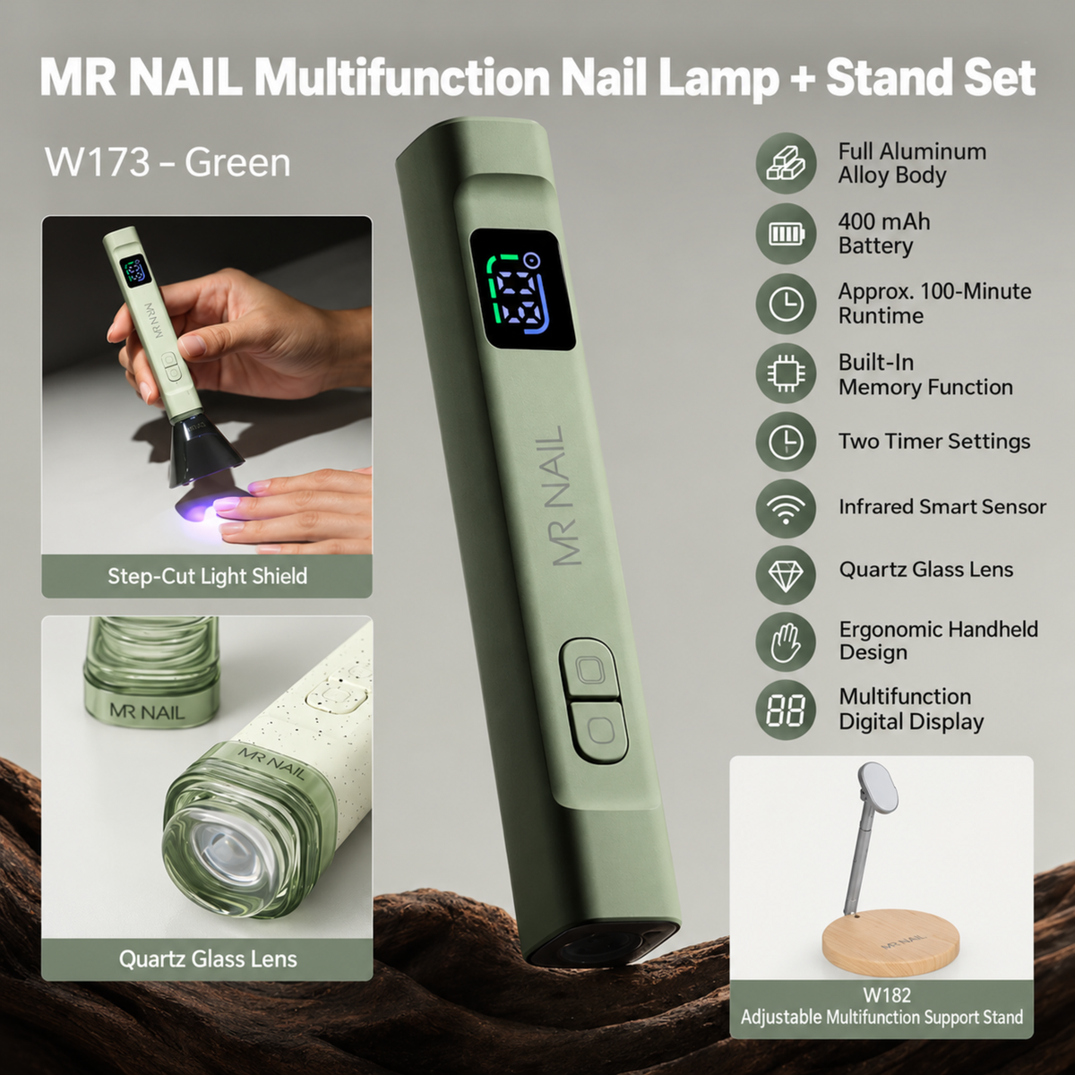 MR Nail W173 Green multifunction nail lamp and W182 adjustable support stand for salon nail services.