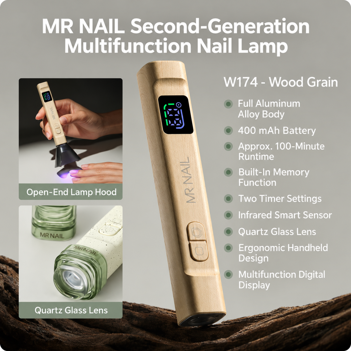 MR Nail W174 Wood Grain multifunction handheld nail lamp with timer controls, infrared sensor and quartz glass lens.