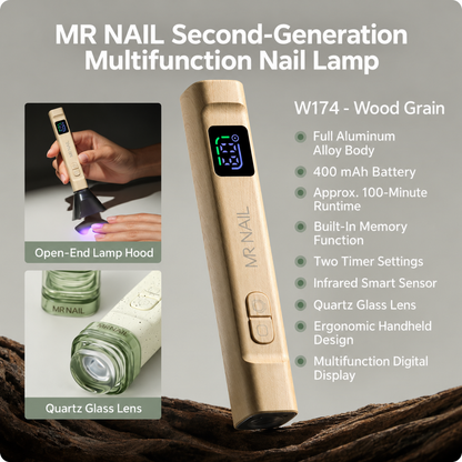 MR Nail W174 Wood Grain multifunction handheld nail lamp with timer controls, infrared sensor and quartz glass lens.