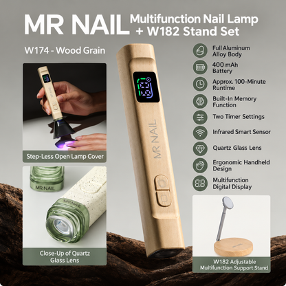 MR Nail W174 Wood Grain multifunction nail lamp with quartz glass lens and W182 support stand.