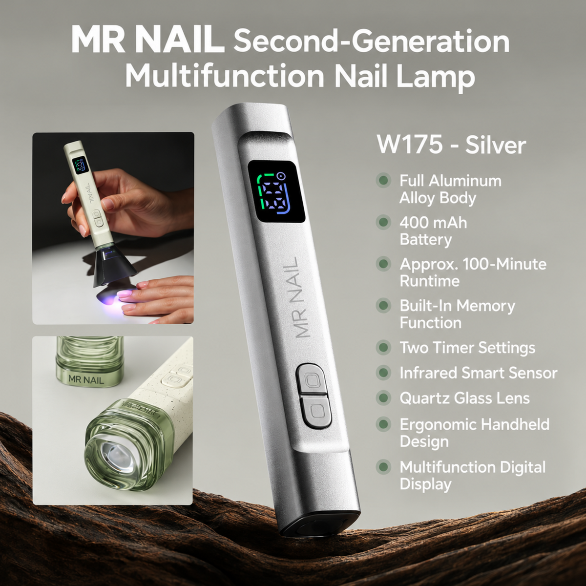 MR Nail W175 Silver multifunction handheld nail lamp with aluminum body, digital display and smart curing sensor.