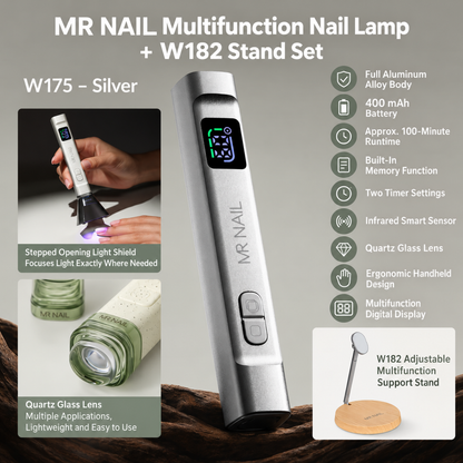 MR Nail W175 Silver multifunction nail lamp and W182 adjustable stand set for professional gel curing.