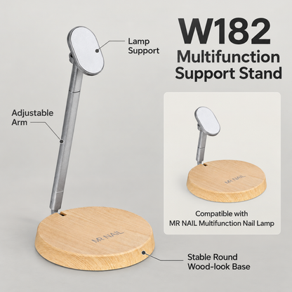 MR Nail W182 adjustable multifunction support stand with silver arm, lamp holder and stable wood-look base.