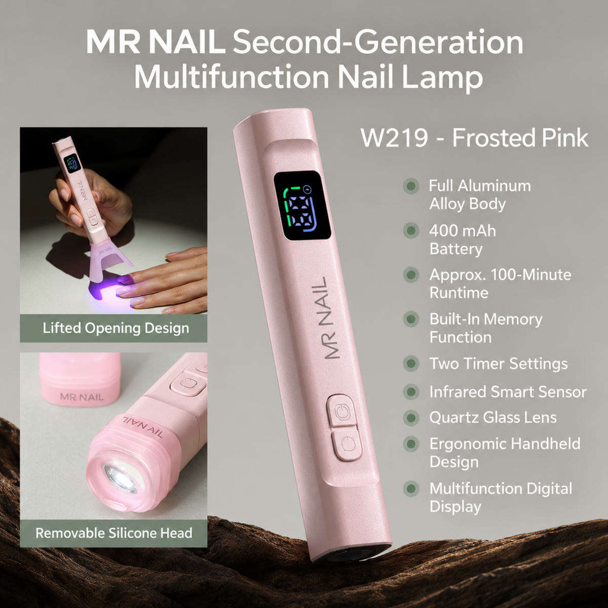 MR Nail W219 Frosted Pink multifunction handheld nail lamp with 400 mAh battery, memory function and digital display.