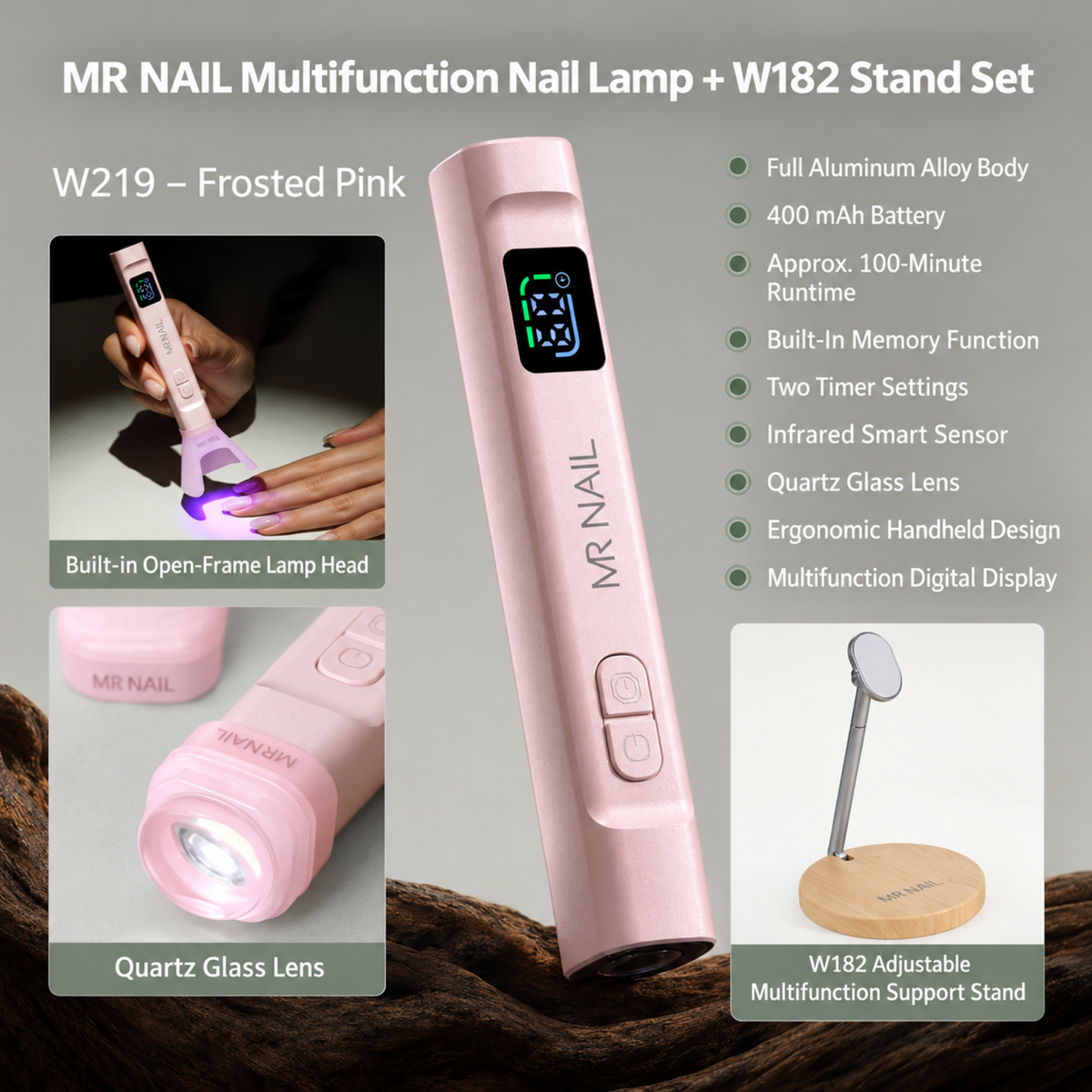 MR Nail W219 Frosted Pink multifunction nail lamp with digital display and W182 adjustable support stand.