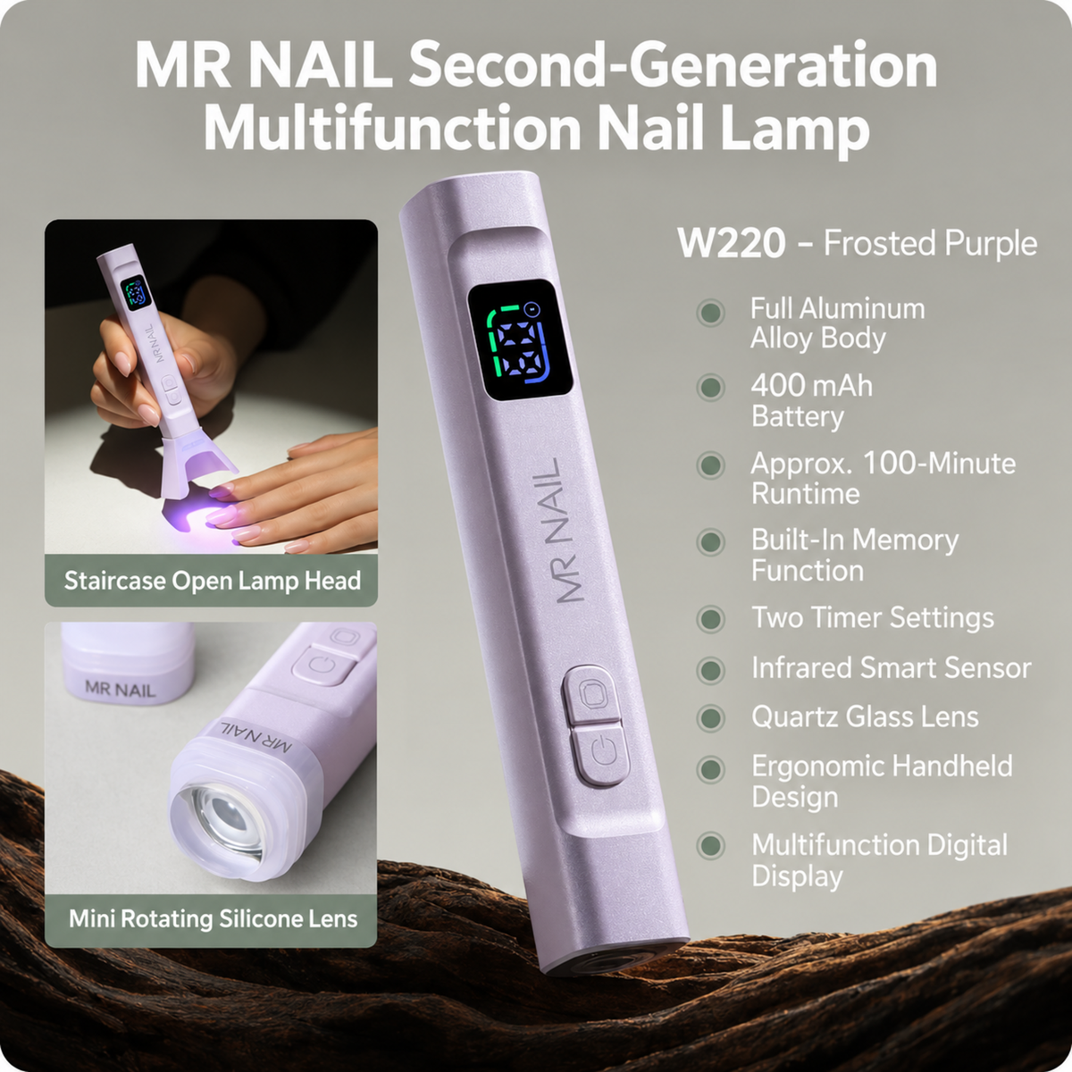 MR Nail W220 Frosted Purple multifunction handheld nail lamp with smart sensor and quartz glass curing lens.