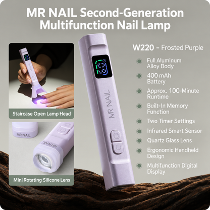 MR Nail W220 Frosted Purple multifunction handheld nail lamp with smart sensor and quartz glass curing lens.