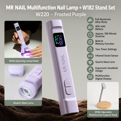 MR Nail W220 Frosted Purple multifunction nail lamp and W182 support stand set for hands-free nail curing.