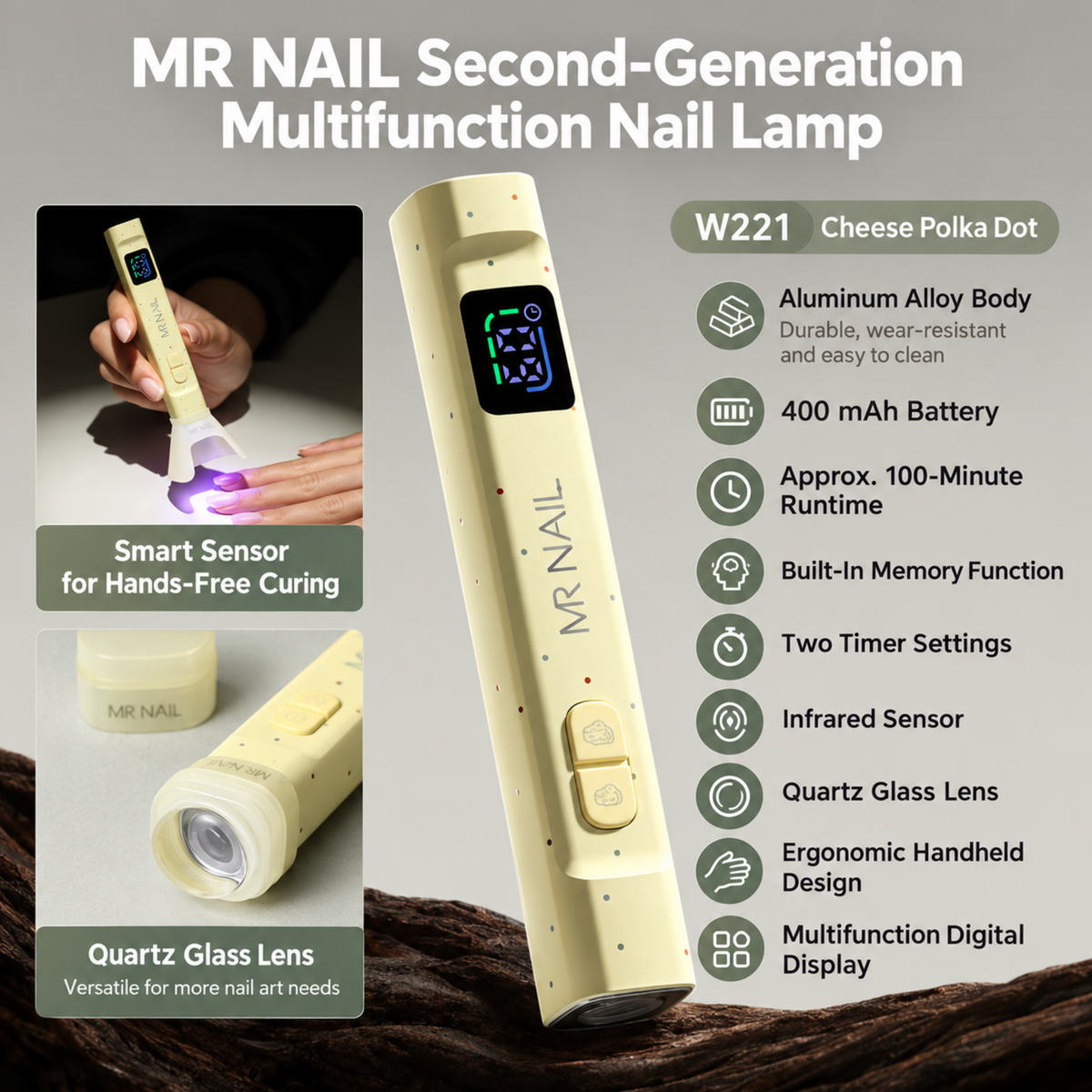 MR Nail W221 Cheese Polka Dot multifunction handheld nail lamp with smart sensor, digital display and quartz glass lens.
