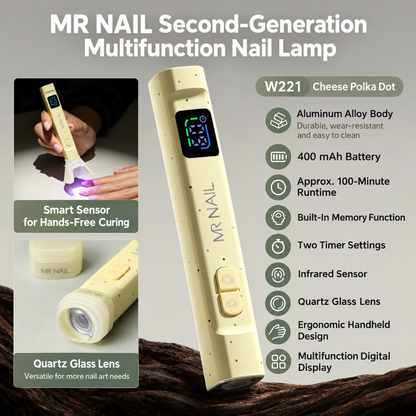 MR Nail W221 Cheese Polka Dot multifunction handheld nail lamp with smart sensor, digital display and quartz glass lens.