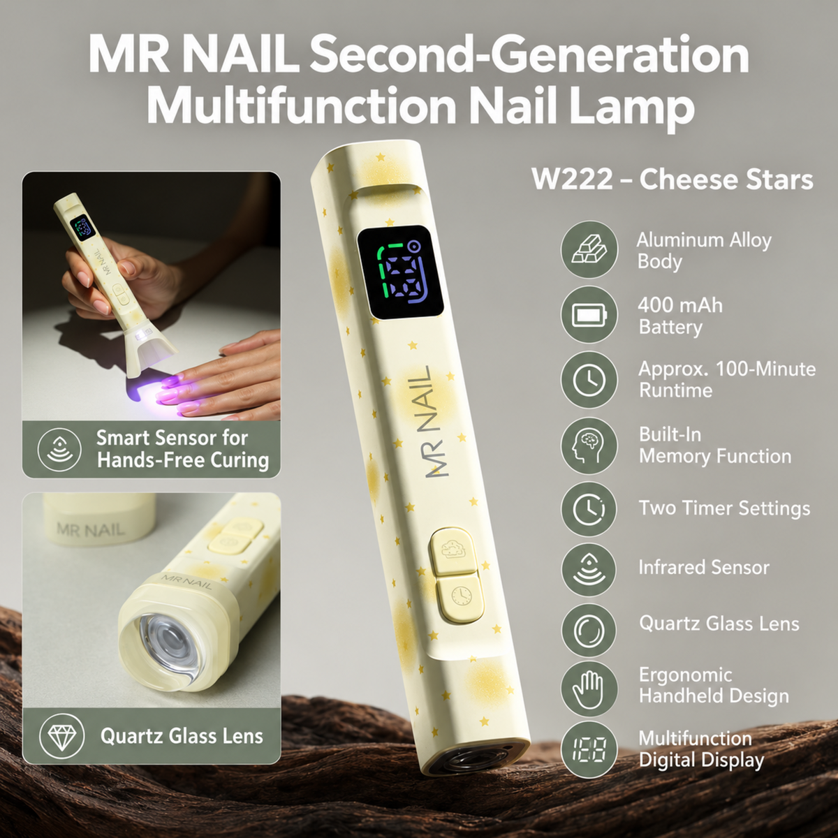 MR Nail W222 Cheese Stars multifunction handheld nail lamp with 400 mAh battery, smart sensor and digital display.