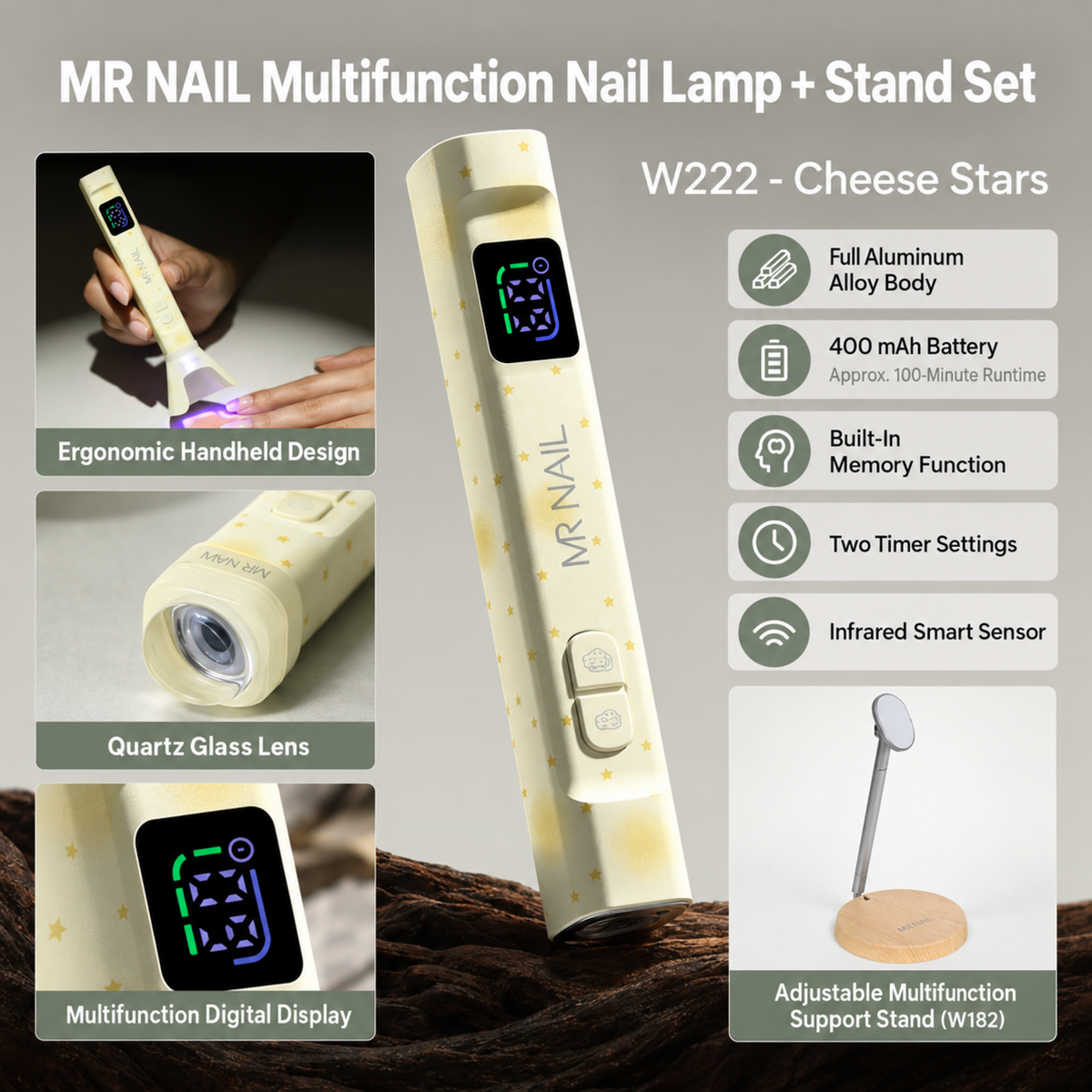 MR Nail W222 Cheese Stars multifunction nail lamp with digital display and W182 adjustable support stand.