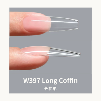 Mr Nail W397 Long Coffin Pre-Constructed Nail Tips - Clear Full Cover PMMA Nail Tips, Natural C-Curve, No Extra Build Needed for Professional Manicure
