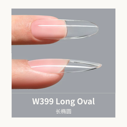 Mr Nail W399 Long Oval Pre-Constructed Nail Tips - Clear Full Cover PMMA Nail Tips, Natural C-Curve, Durable & Comfortable for DIY Manicure