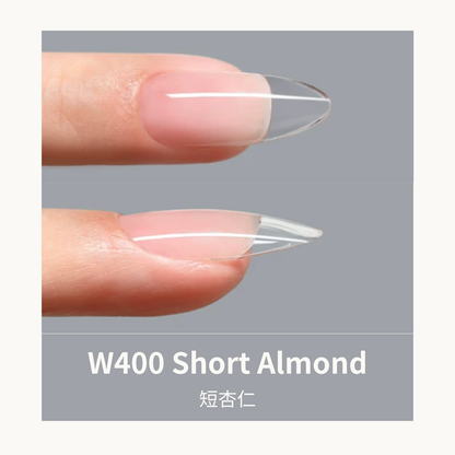 Mr Nail W400 Short Almond Pre-Constructed Nail Tips - Clear Full Cover PMMA Nail Tips, Slimming Effect, No Shaping Required for Beginners